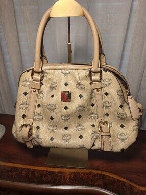 MCM Beige Boston Bag In Visetos Learher With Gold Plaque